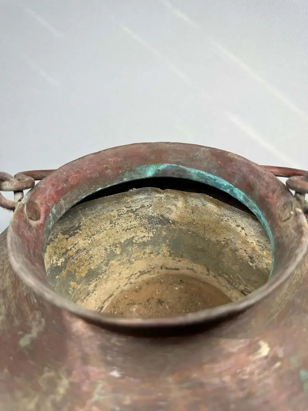 Antique Hand Hammered Copper Pot Cauldron Bail Handle Verdigris Patina Primitive
